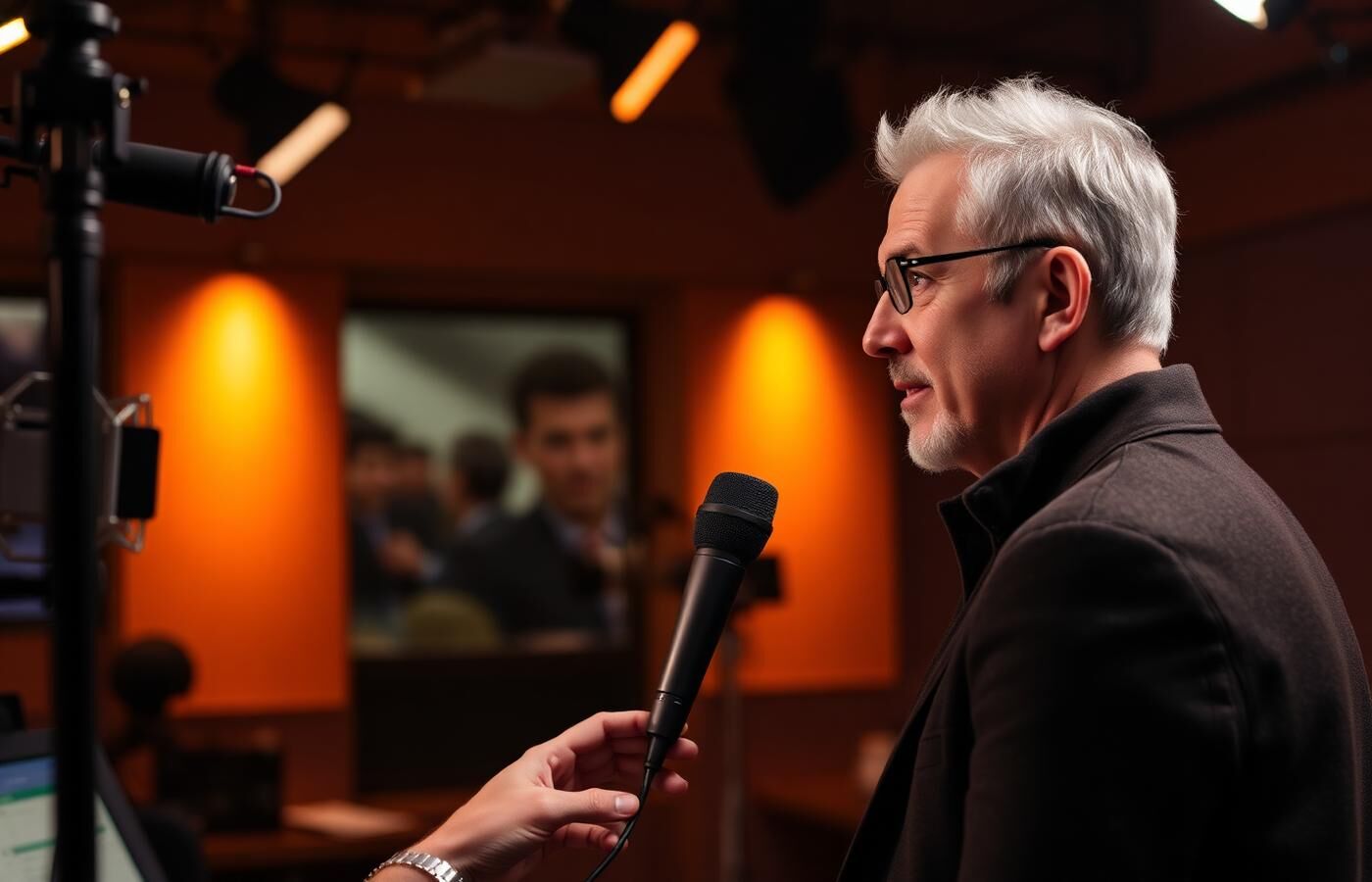 Moderator interviewing a guest with a microphone